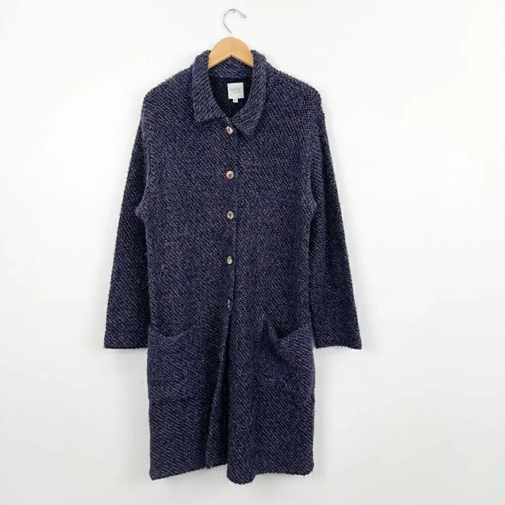ViaVai Women’s Blue Multicolor Speckled Long Line Mohair Blend Cardigan Sweater